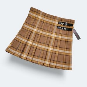 NEW No Bo Brown Pleated Plaid Skirt Buckle Accents Grunge 90s Y2K style Size M